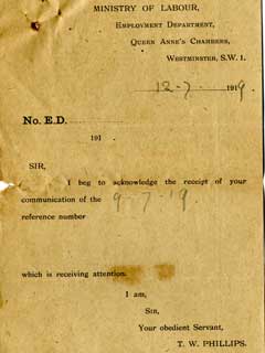 Letter from Ministry - 12 July 1919