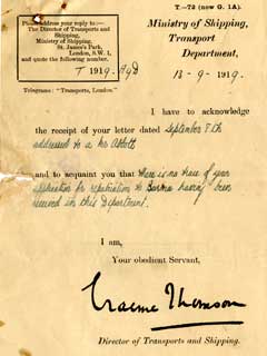 Letter from Ministry - 13 Sept 1919