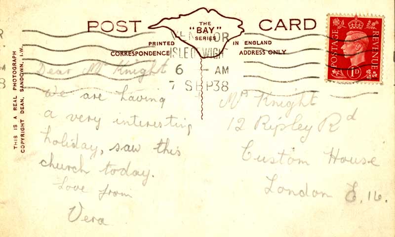 Text of postcard from Vera Hotten to Gladys Knight