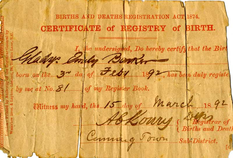 Gladys Barker - birth certificate